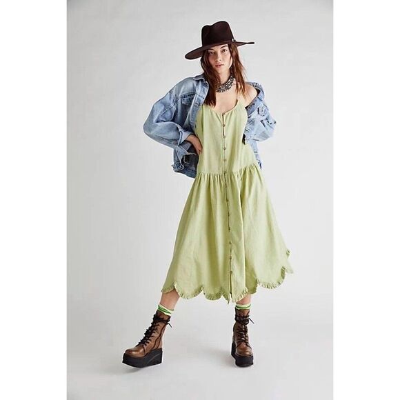 NWT FREE PEOPLE Sz XS LORA MIDI DRESS GREEN - Picture 1 of 1